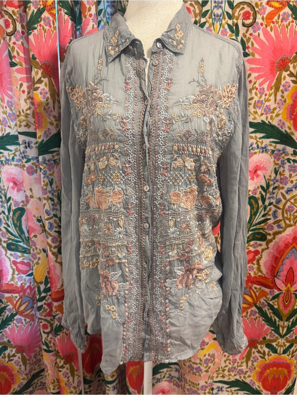 Johnny Was Gray Embroidered Button-Down Shirt with Pastel Floral Accents